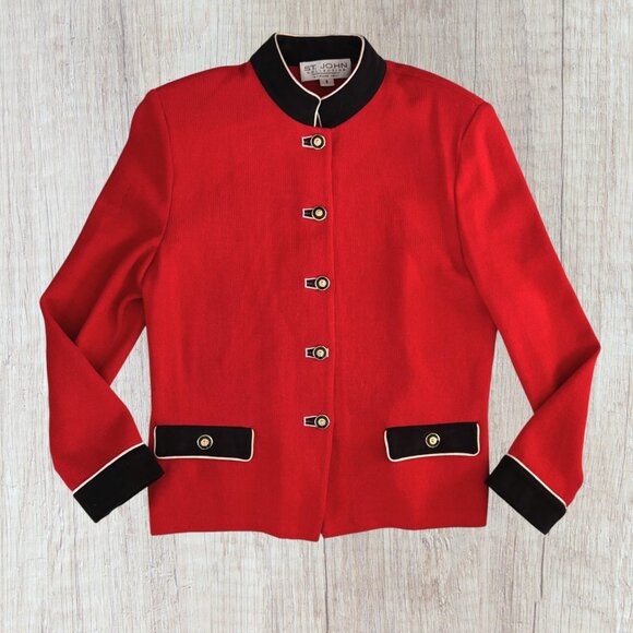 St. John Collection Red Black Knit Jacket Contrast Trim Gold Button Wool Blend 8 - Picture 1 of 7